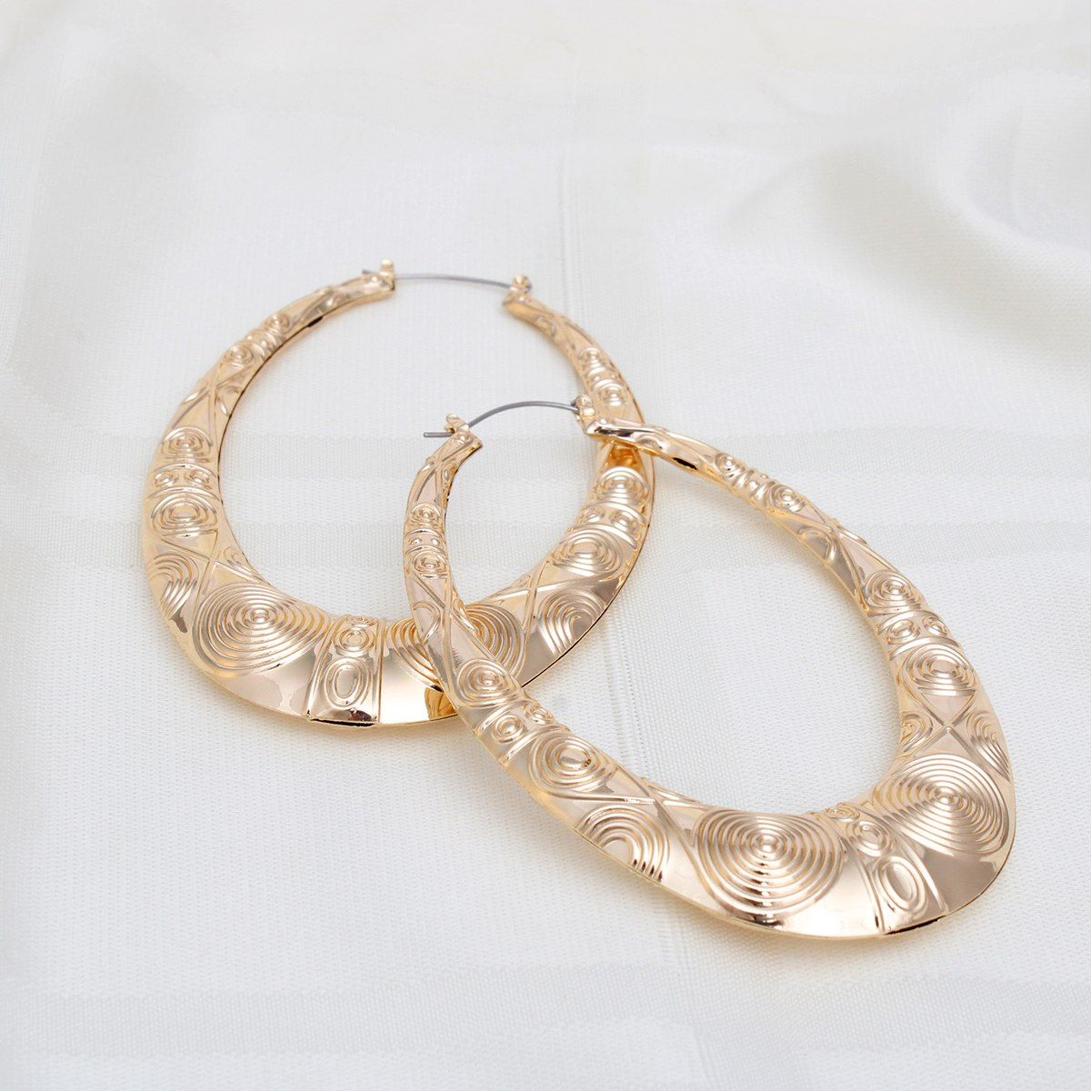 Gold Teardrop Hoop Earrings Concentric Swirl Pattern