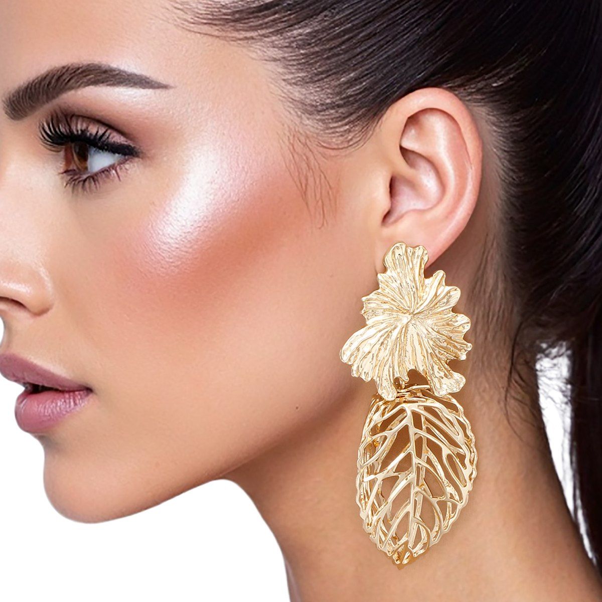 Gold Leaf Drop Earrings 3D Caged Leaf Statement Style