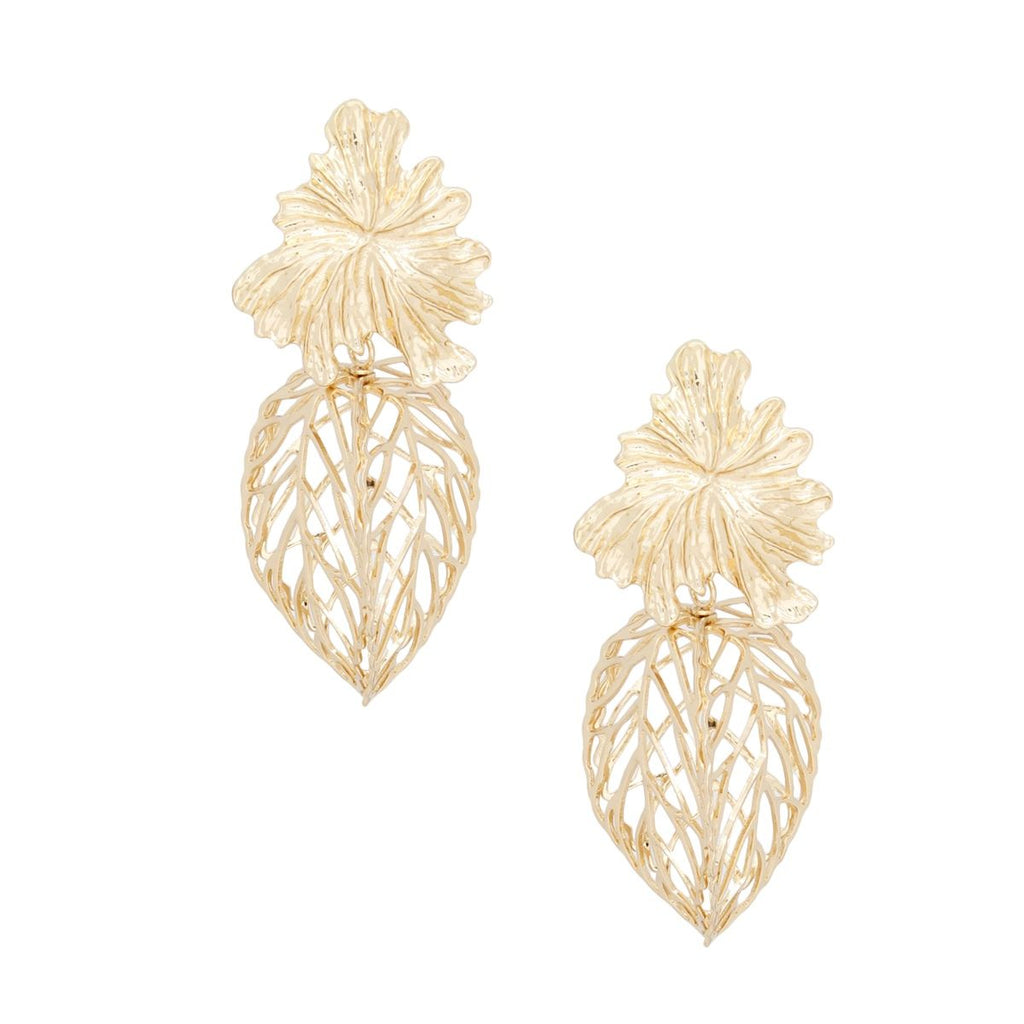 Gold Leaf Drop Earrings 3D Caged Leaf Statement Style