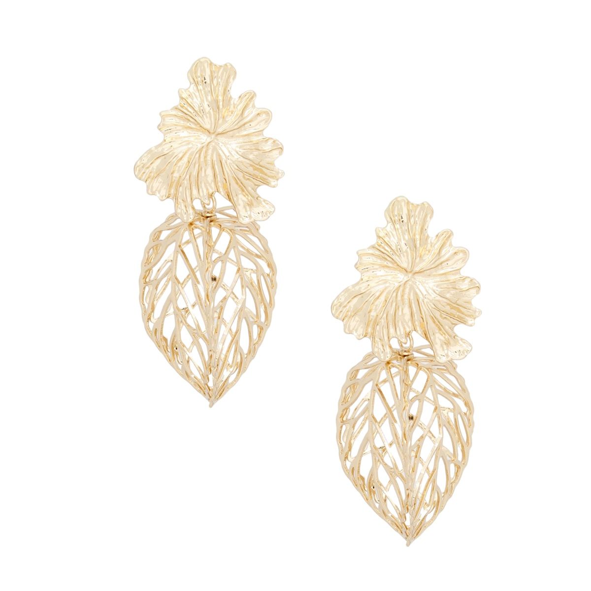 Gold Leaf Drop Earrings 3D Caged Leaf Statement Style