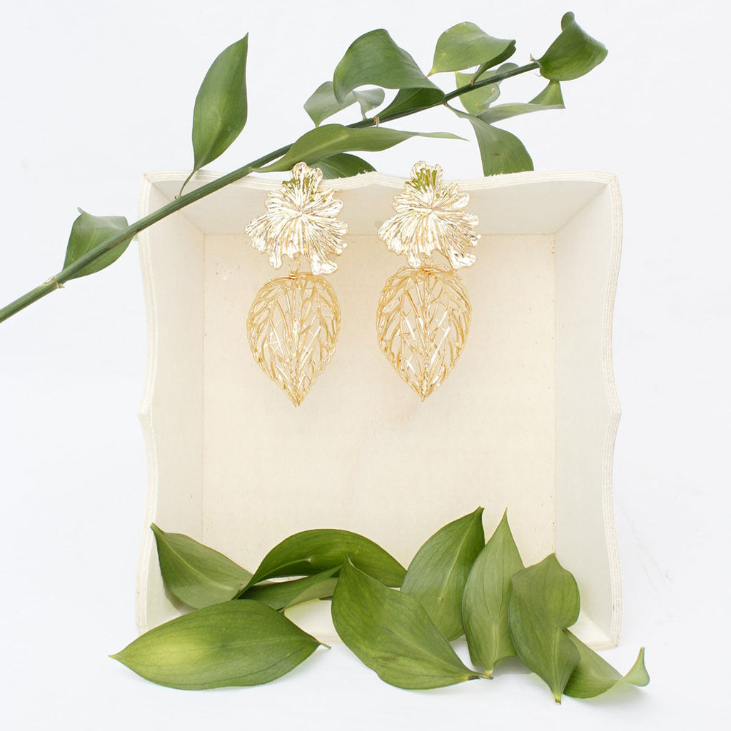 Gold Leaf Drop Earrings 3D Caged Leaf Statement Style