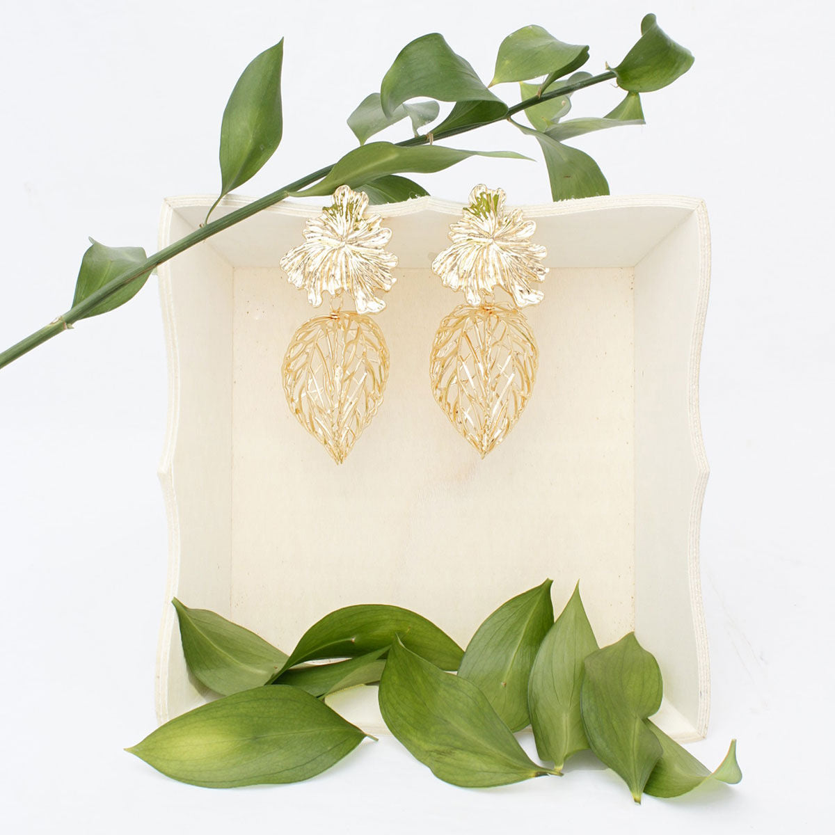 Gold Leaf Drop Earrings 3D Caged Leaf Statement Style