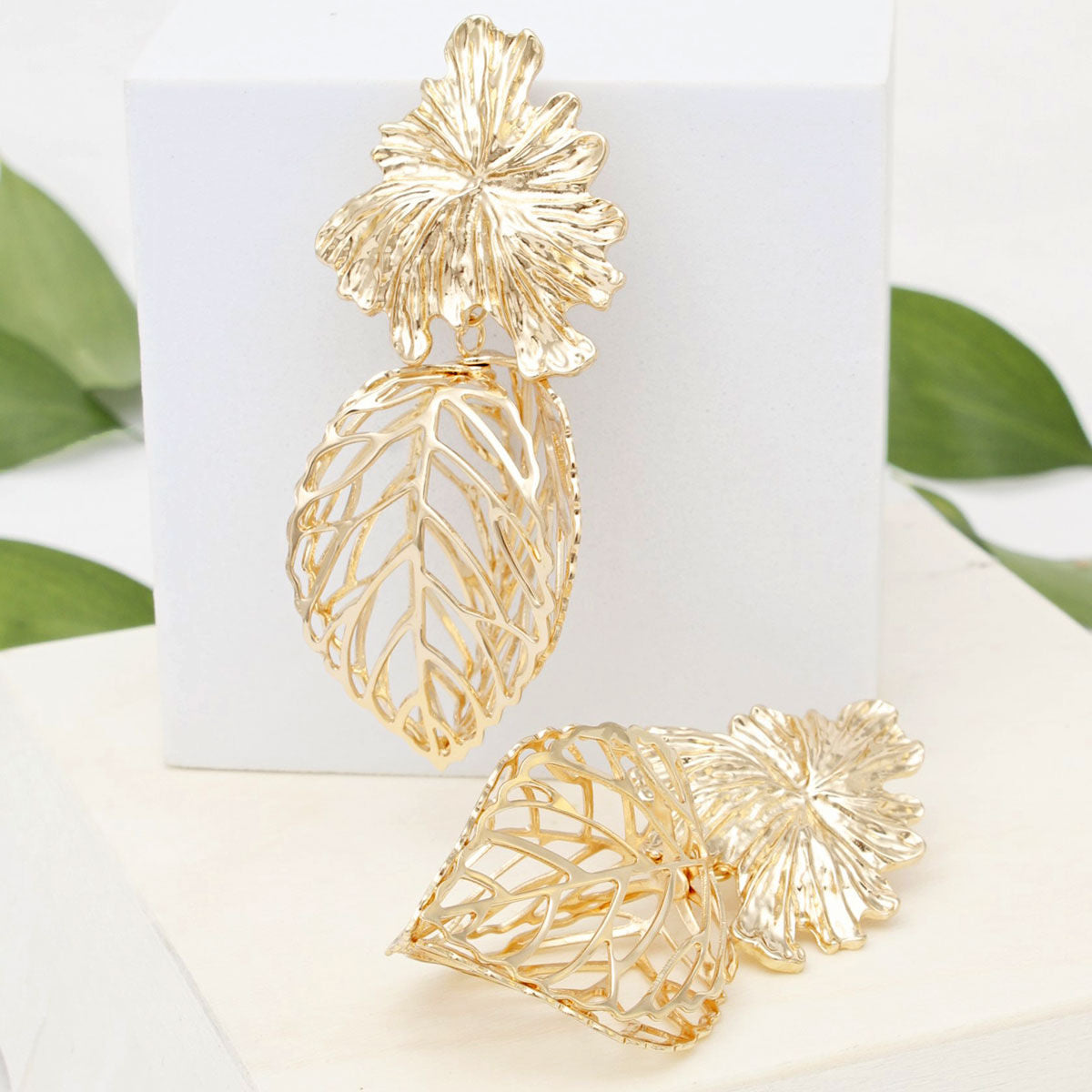 Gold Leaf Drop Earrings 3D Caged Leaf Statement Style