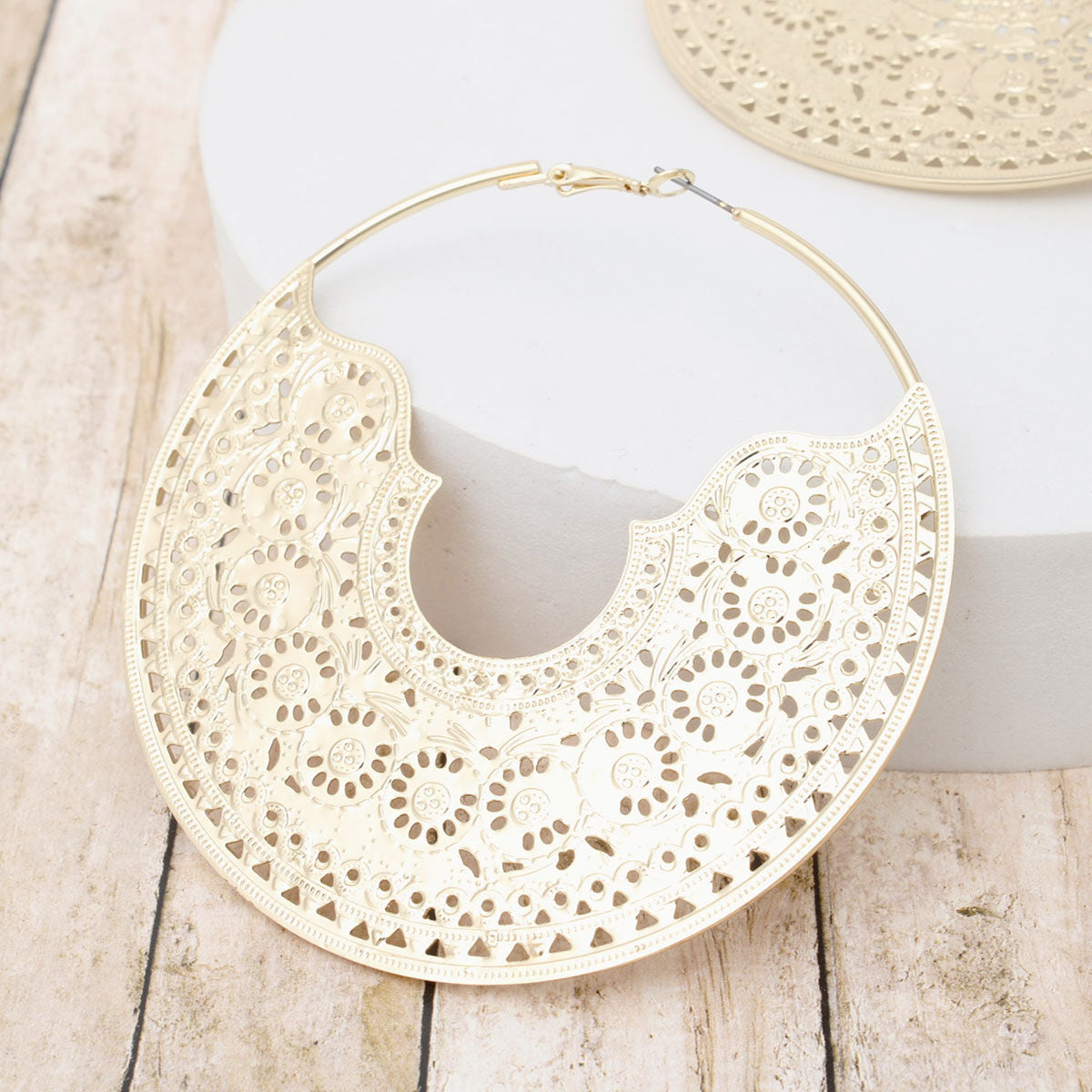 Gold Filigree Hoop Earrings Handcrafted Large Omega Closure