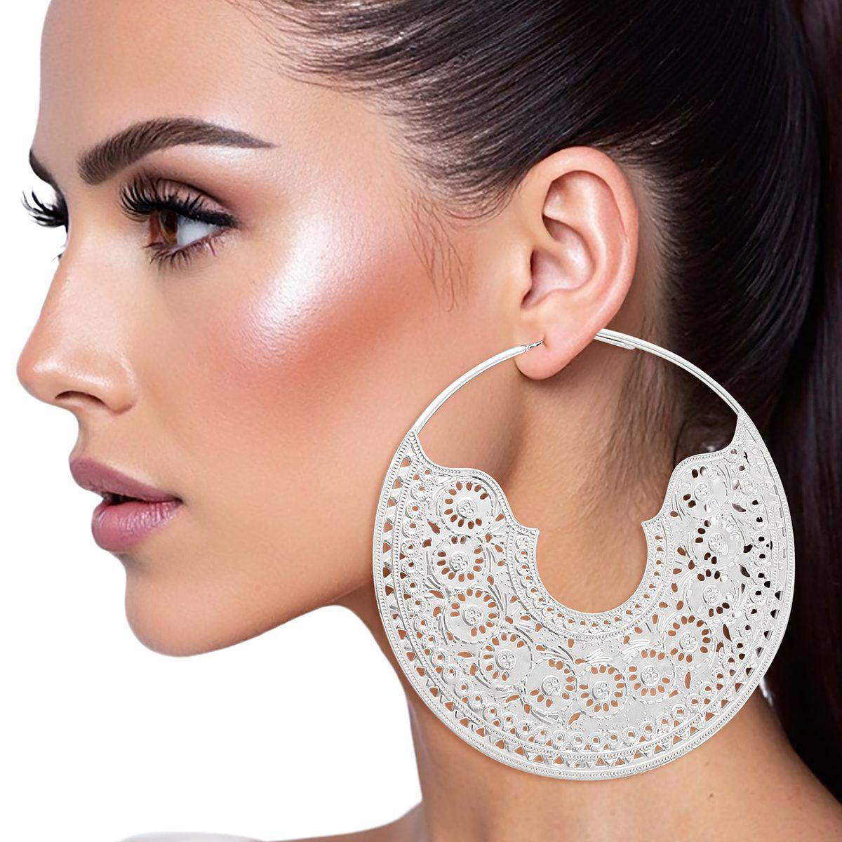 Silver Filigree Hoop Earrings Handcrafted Large Omega Closure