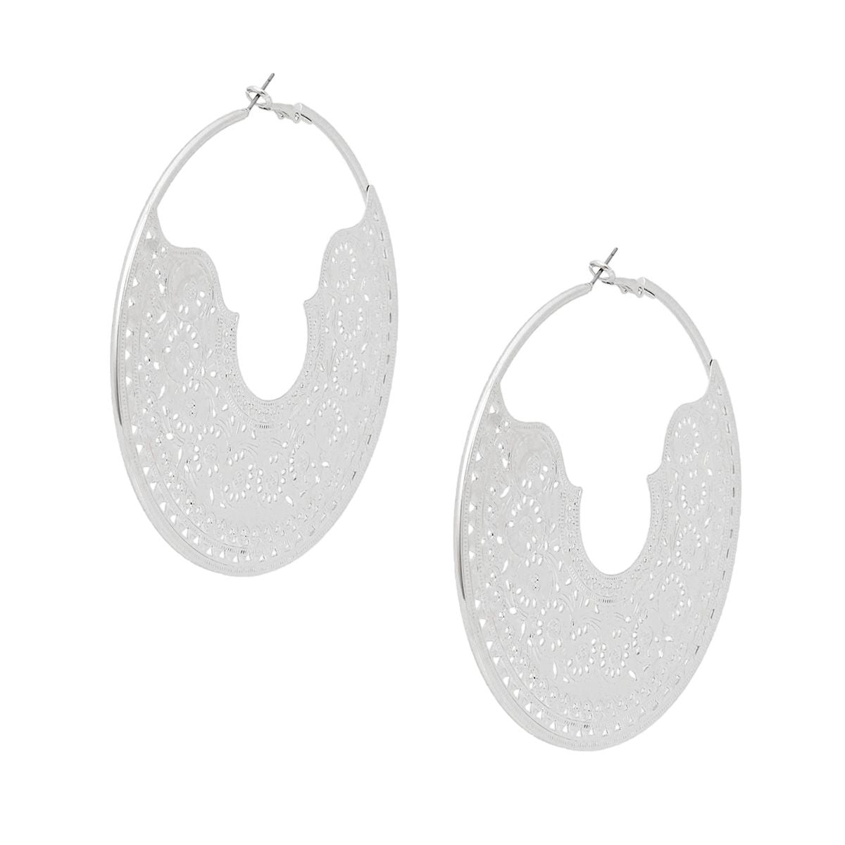 Silver Filigree Hoop Earrings Handcrafted Large Omega Closure