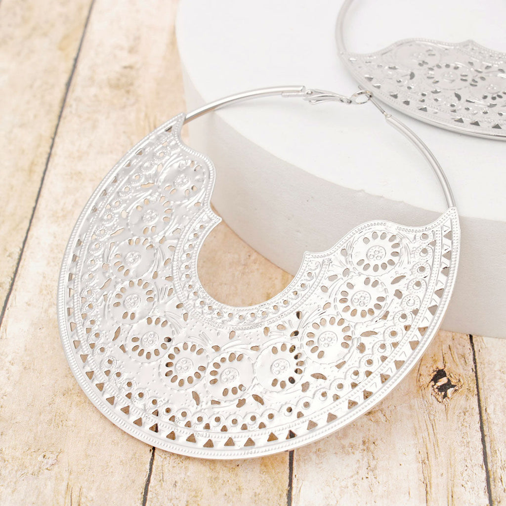 Silver Filigree Hoop Earrings Handcrafted Large Omega Closure