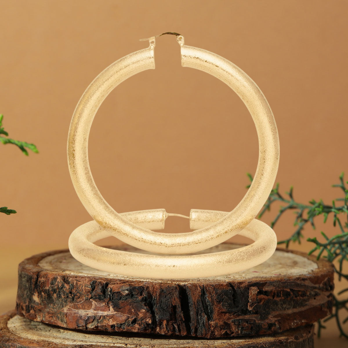 Bold Gold Hoop Earrings, 3 Inch Thick Tube Design, Sand Blasted Finish