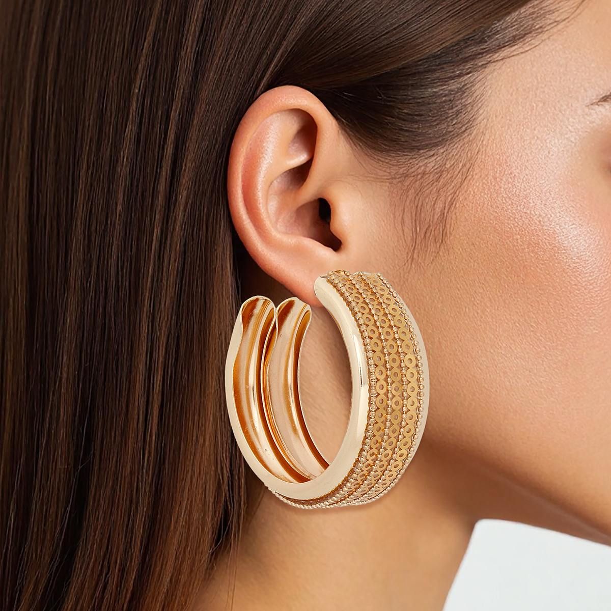 Wide Gold Sequin Hoop Earrings Polished C Shape Statement