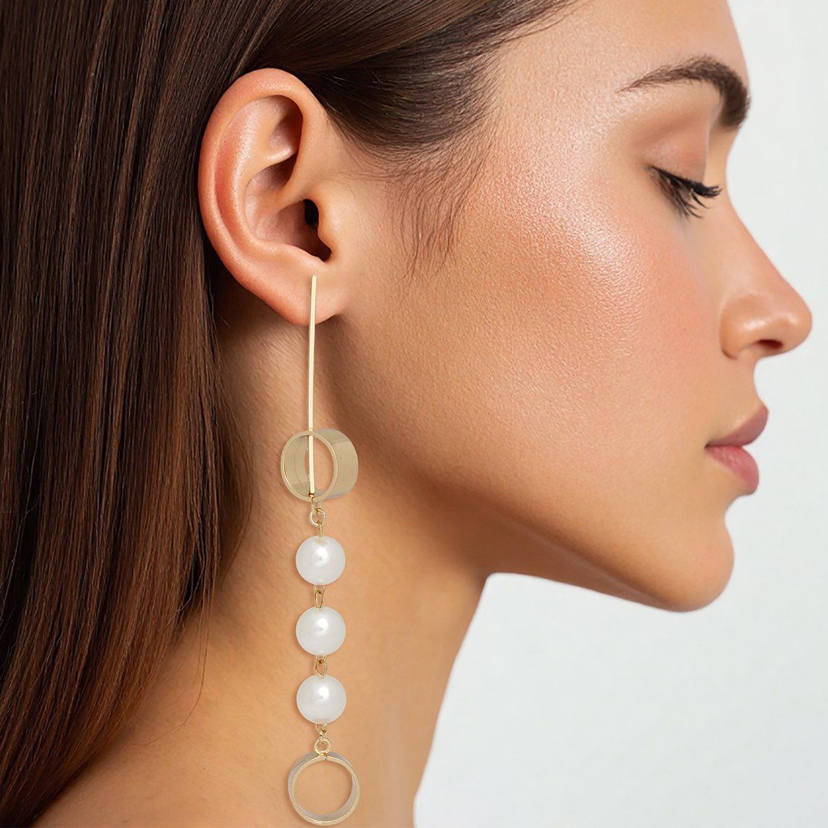 Long Bar Pearl Circle Geometric Drop Dangle Earrings
