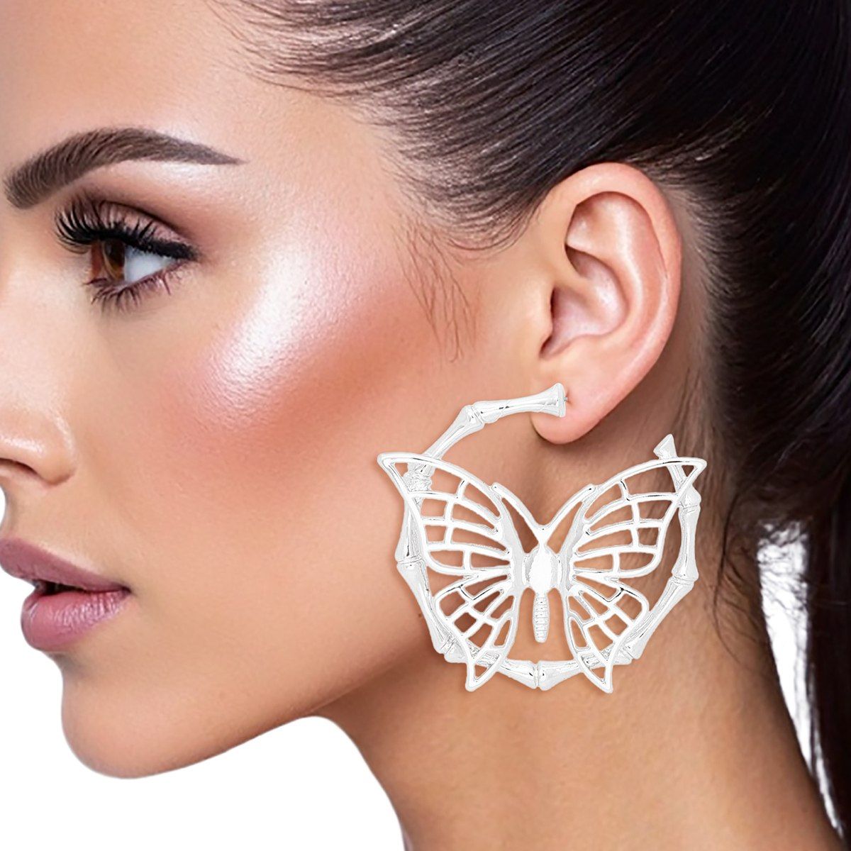 Silver Butterfly Earrings Bamboo Hoops Lightweight Statement