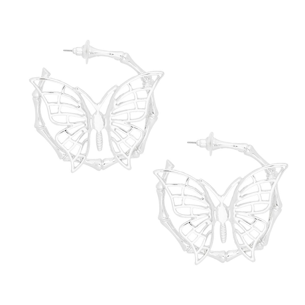 Silver Butterfly Earrings Bamboo Hoops Lightweight Statement