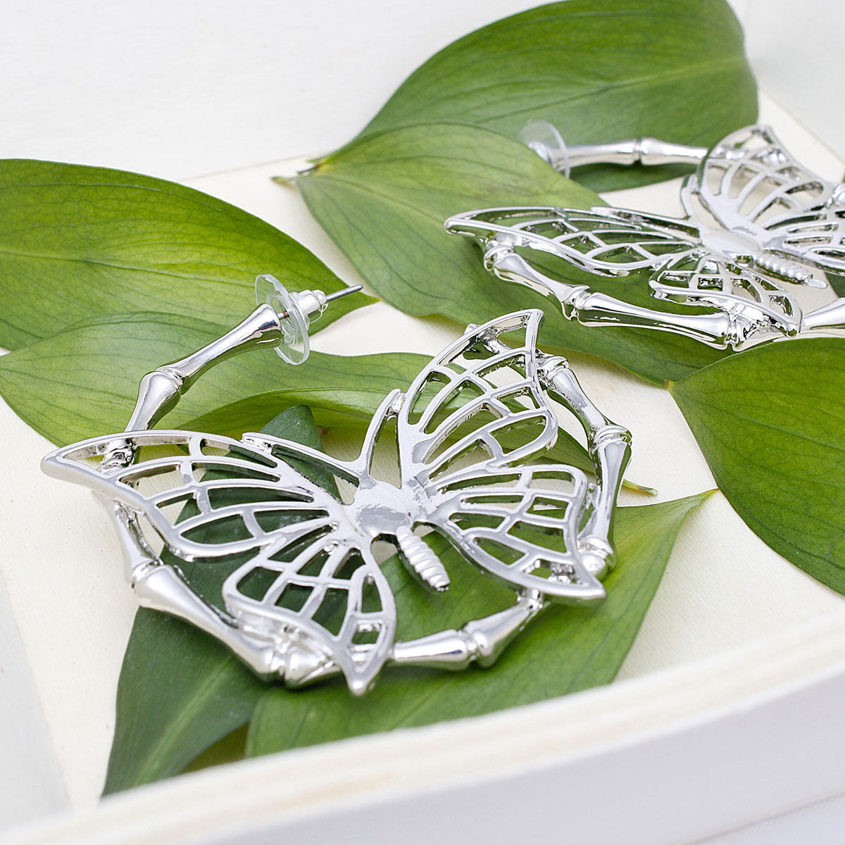 Silver Butterfly Earrings Bamboo Hoops Lightweight Statement