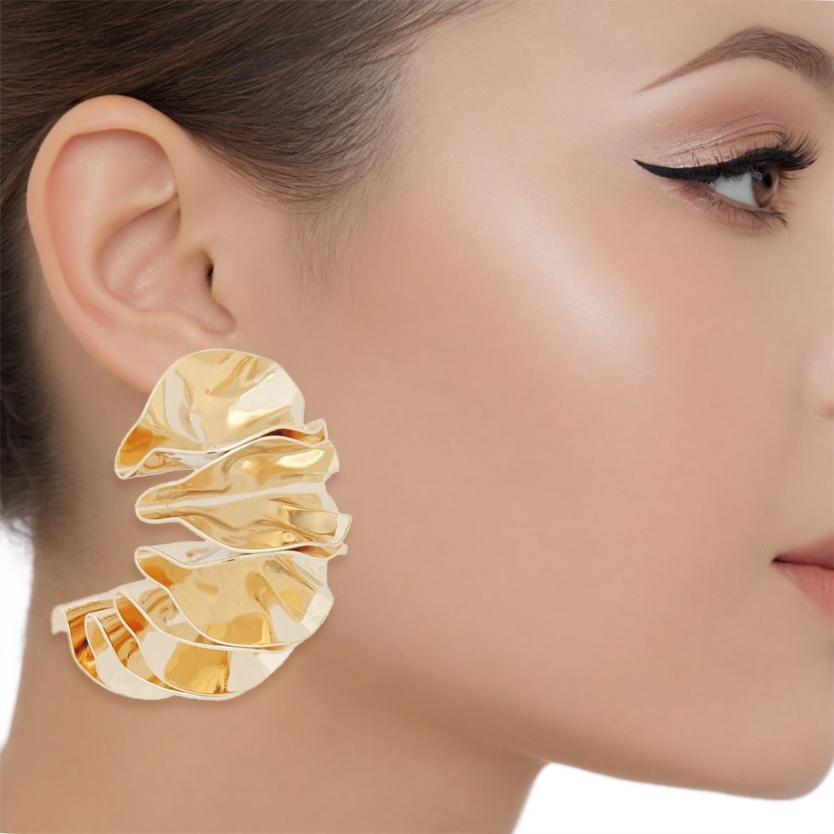 Gold Stud Earrings Folded Fan Shape, One Inch Tall, Secure Post Back