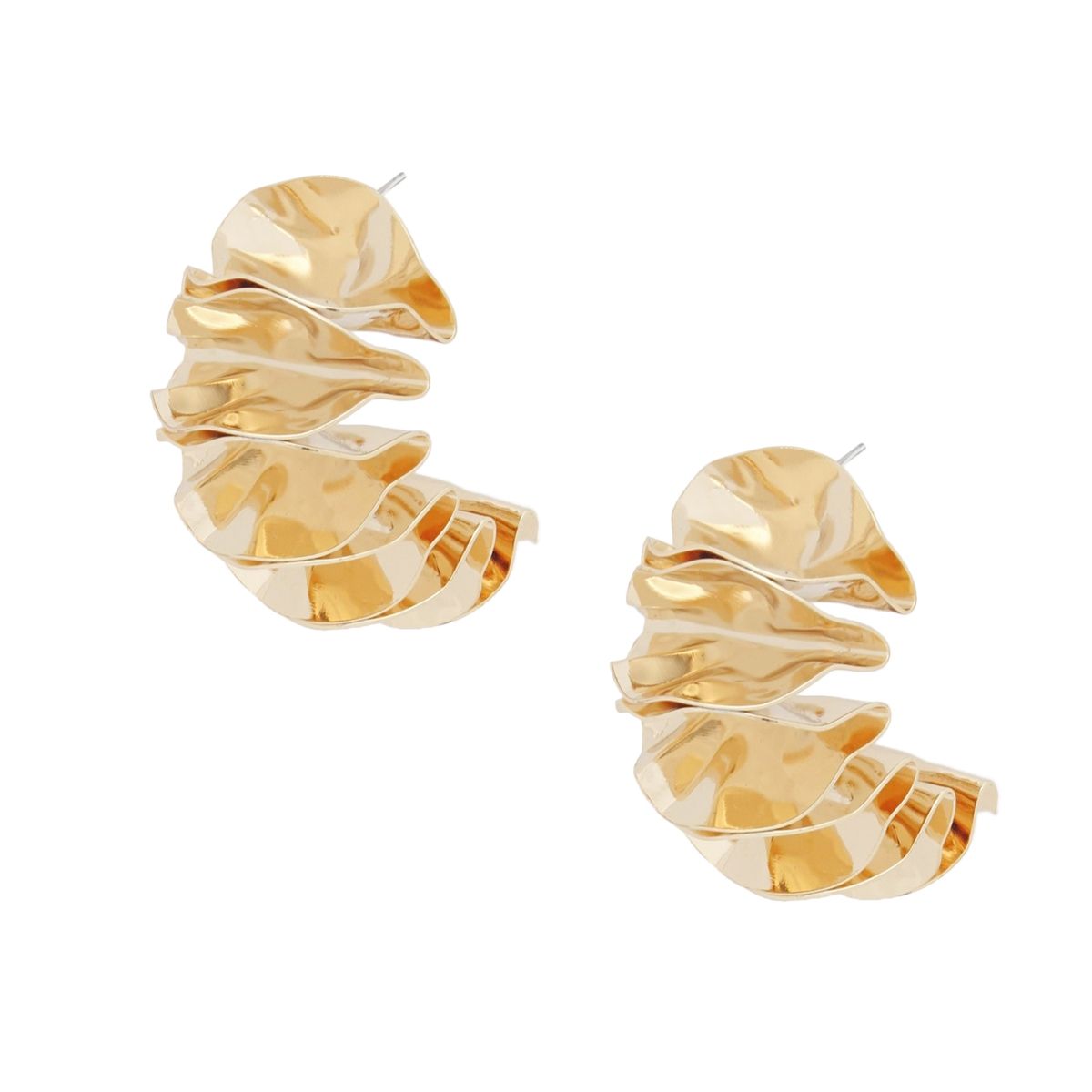 Gold Stud Earrings Folded Fan Shape, One Inch Tall, Secure Post Back