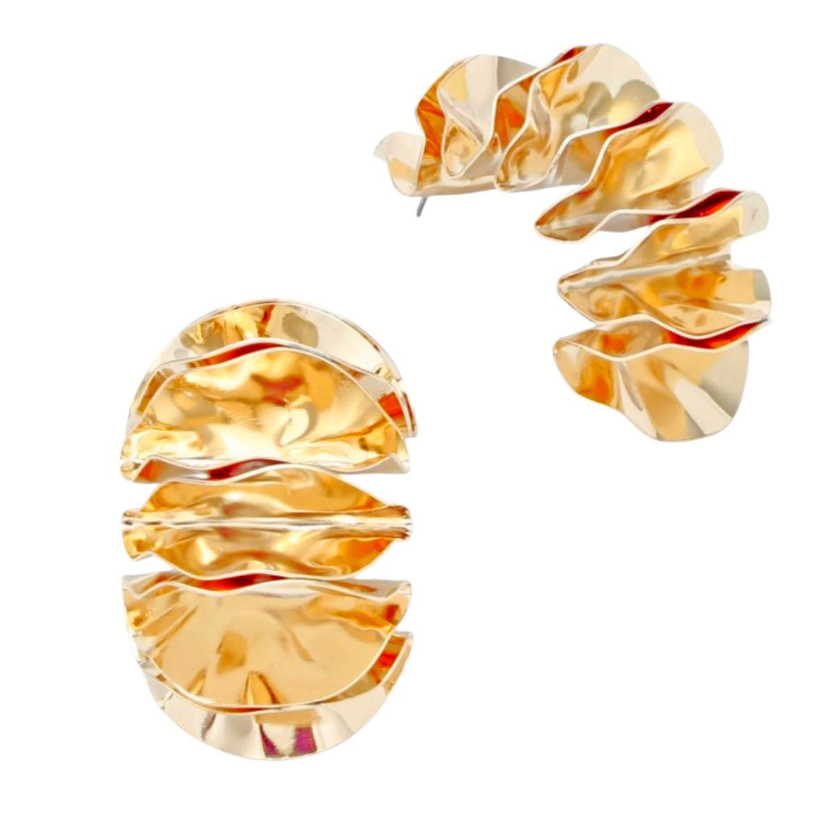 Gold Stud Earrings Folded Fan Shape, One Inch Tall, Secure Post Back