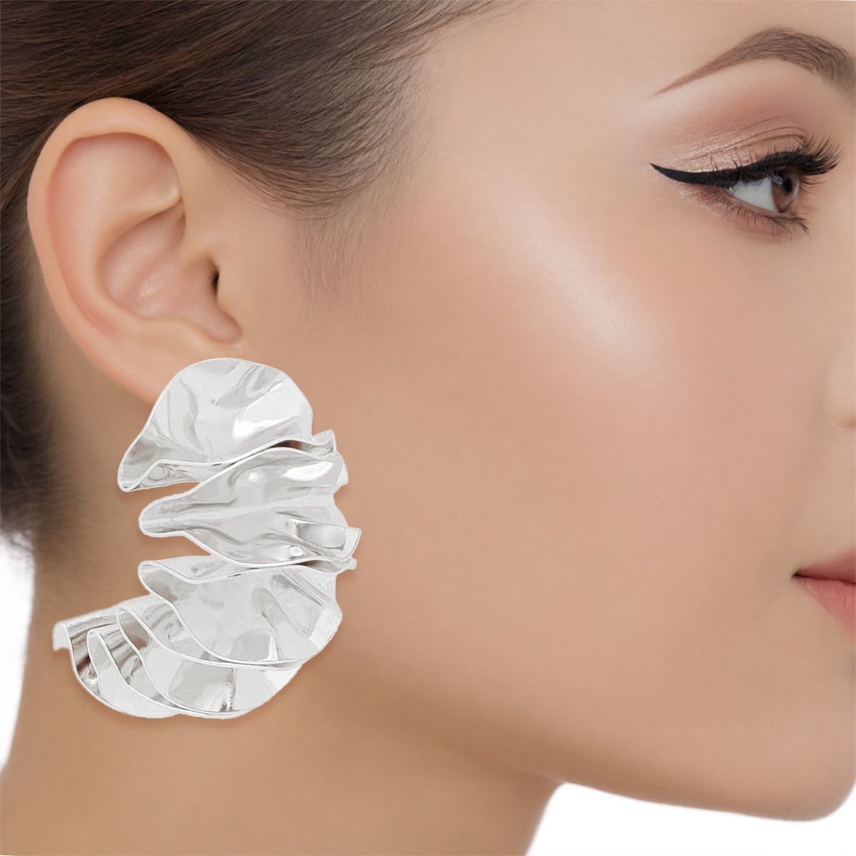 Silver Stud Earrings Folded Fan Shape, One Inch Tall, Secure Post Back