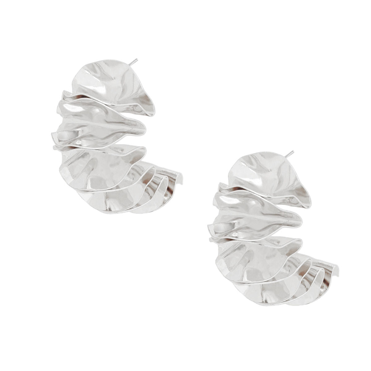 Silver Stud Earrings Folded Fan Shape, One Inch Tall, Secure Post Back