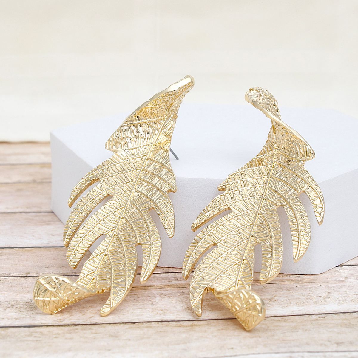 Gold Leaf Statement Earrings Twisted Nature Design Fashion Jewelry