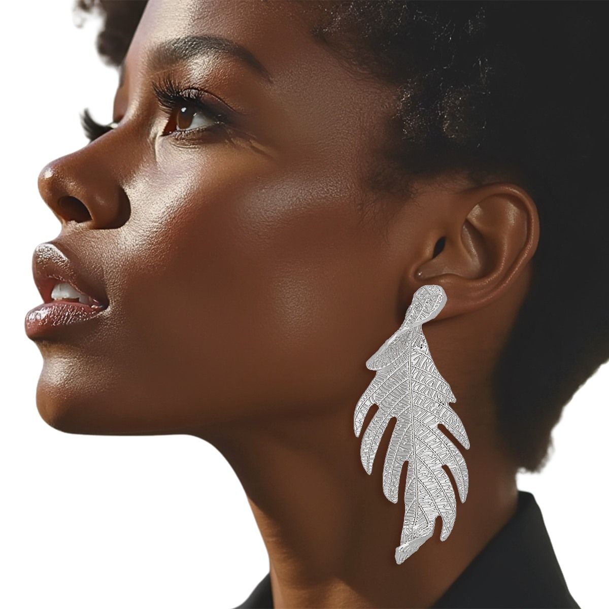 Silver Leaf Statement Earrings Twisted Nature Design Fashion Jewelry