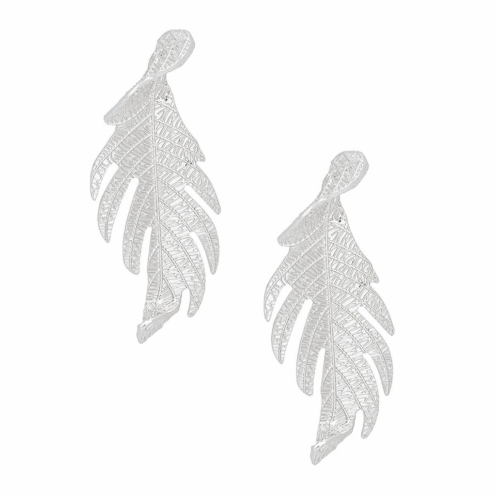 Silver Leaf Statement Earrings Twisted Nature Design Fashion Jewelry