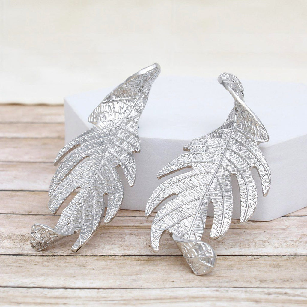 Silver Leaf Statement Earrings Twisted Nature Design Fashion Jewelry