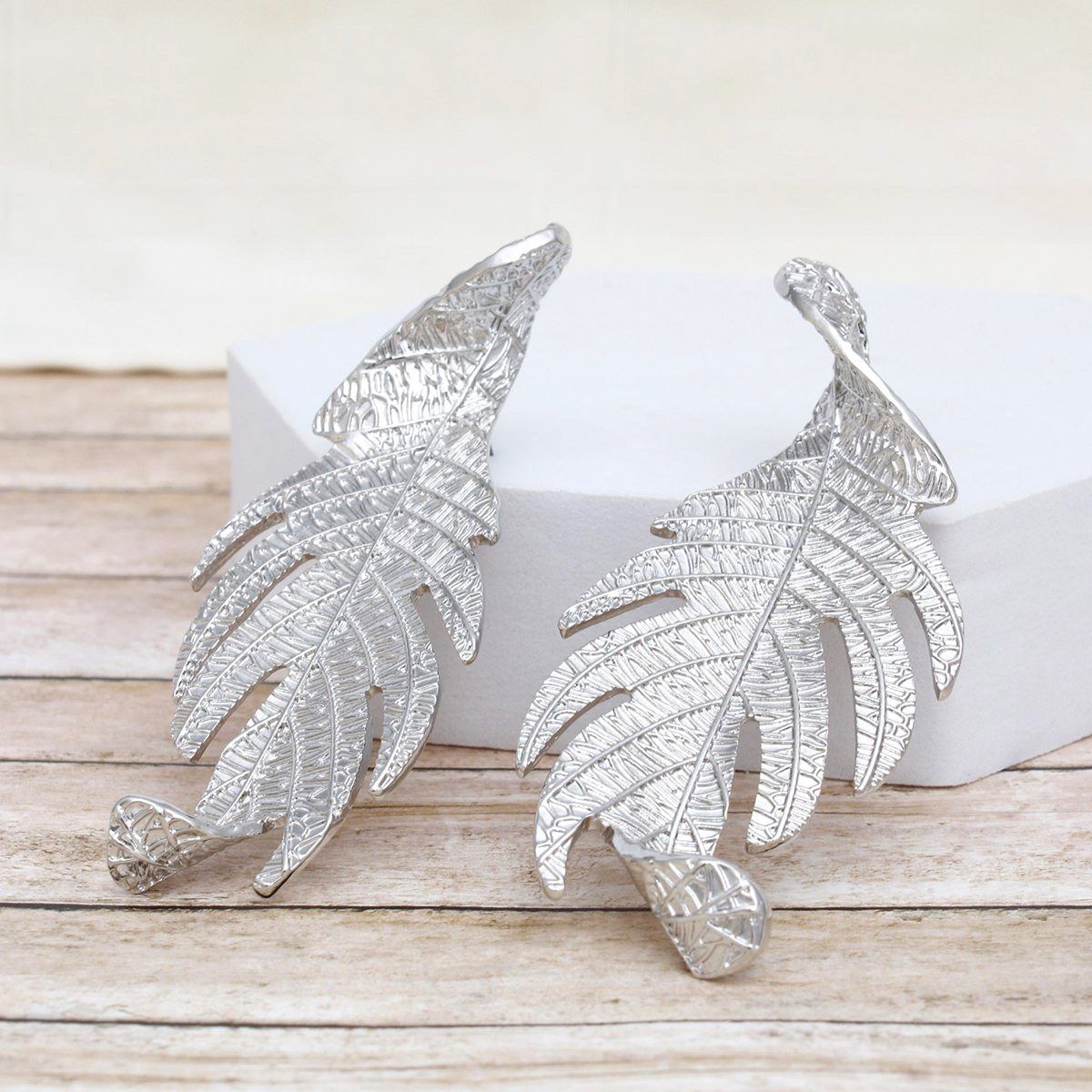 Silver Leaf Statement Earrings Twisted Nature Design Fashion Jewelry