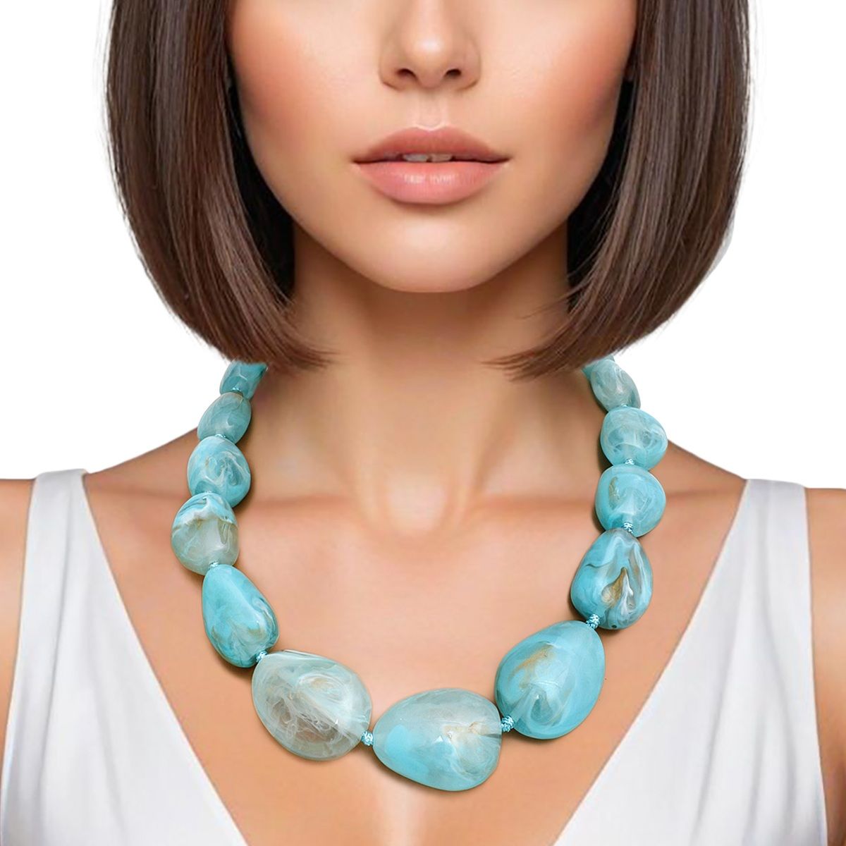 Blue Swirl Beaded Collar Necklace Artistic Boho Chunky Turquoise Resin