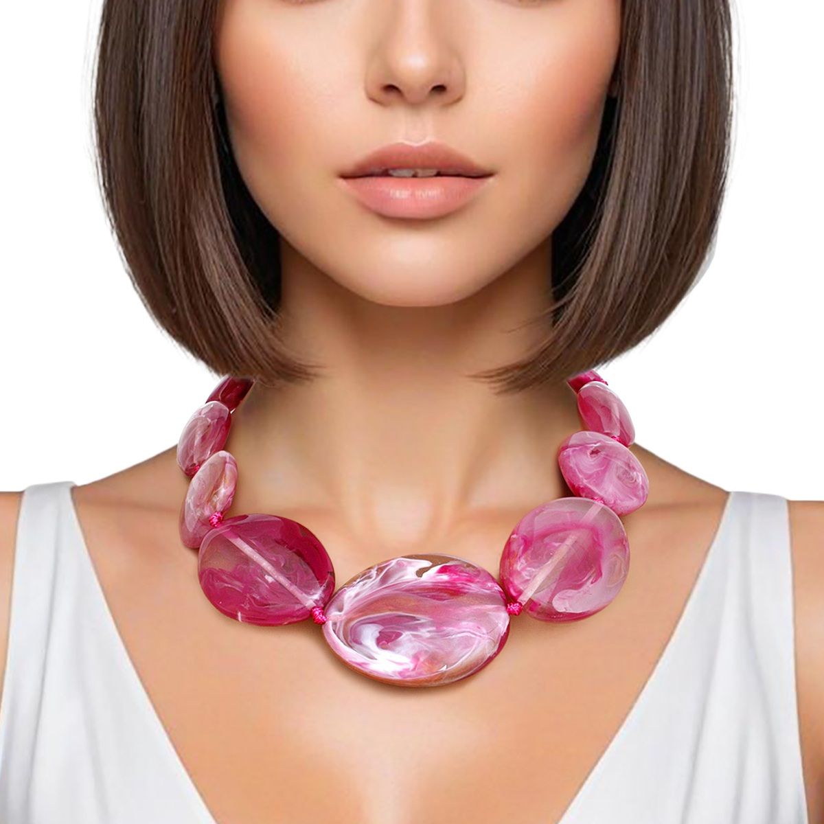 Marbled Dark Pink Bead Chunky Collar Necklace | Artistic Graduated Oval Resin Statement