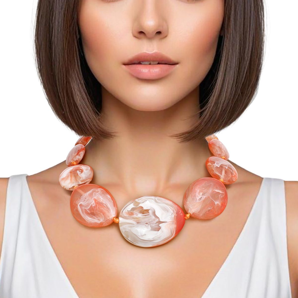 Marbled Orange Bead Chunky Collar Necklace | Artistic Graduated Oval Resin Statement