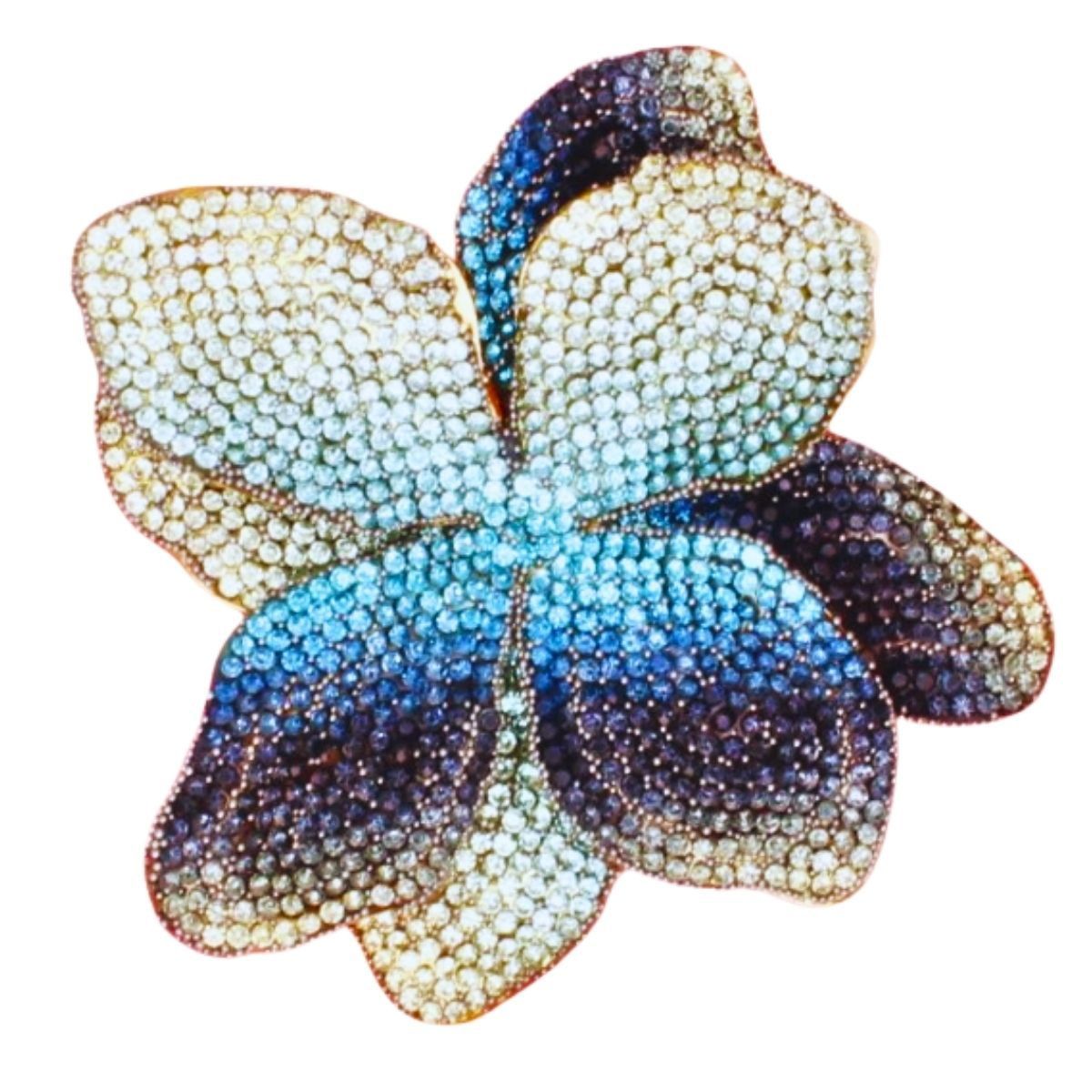 Ombre Blue Rhinestone Brooch Flower Pin Clip Handmade Accessory