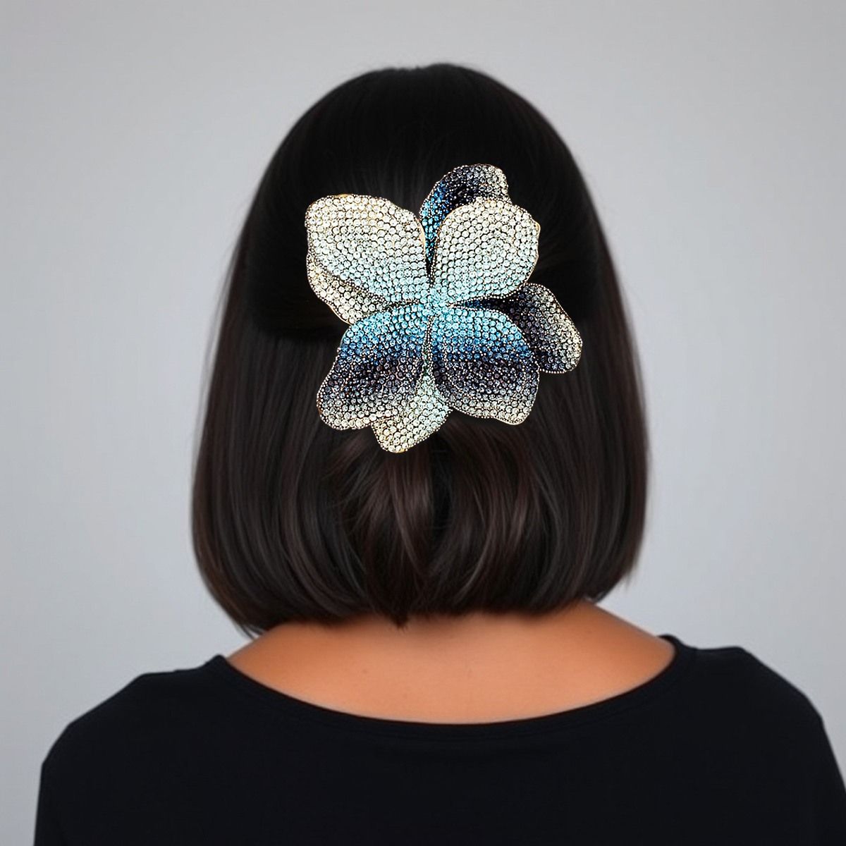 Ombre Blue Rhinestone Brooch Flower Pin Clip Handmade Accessory