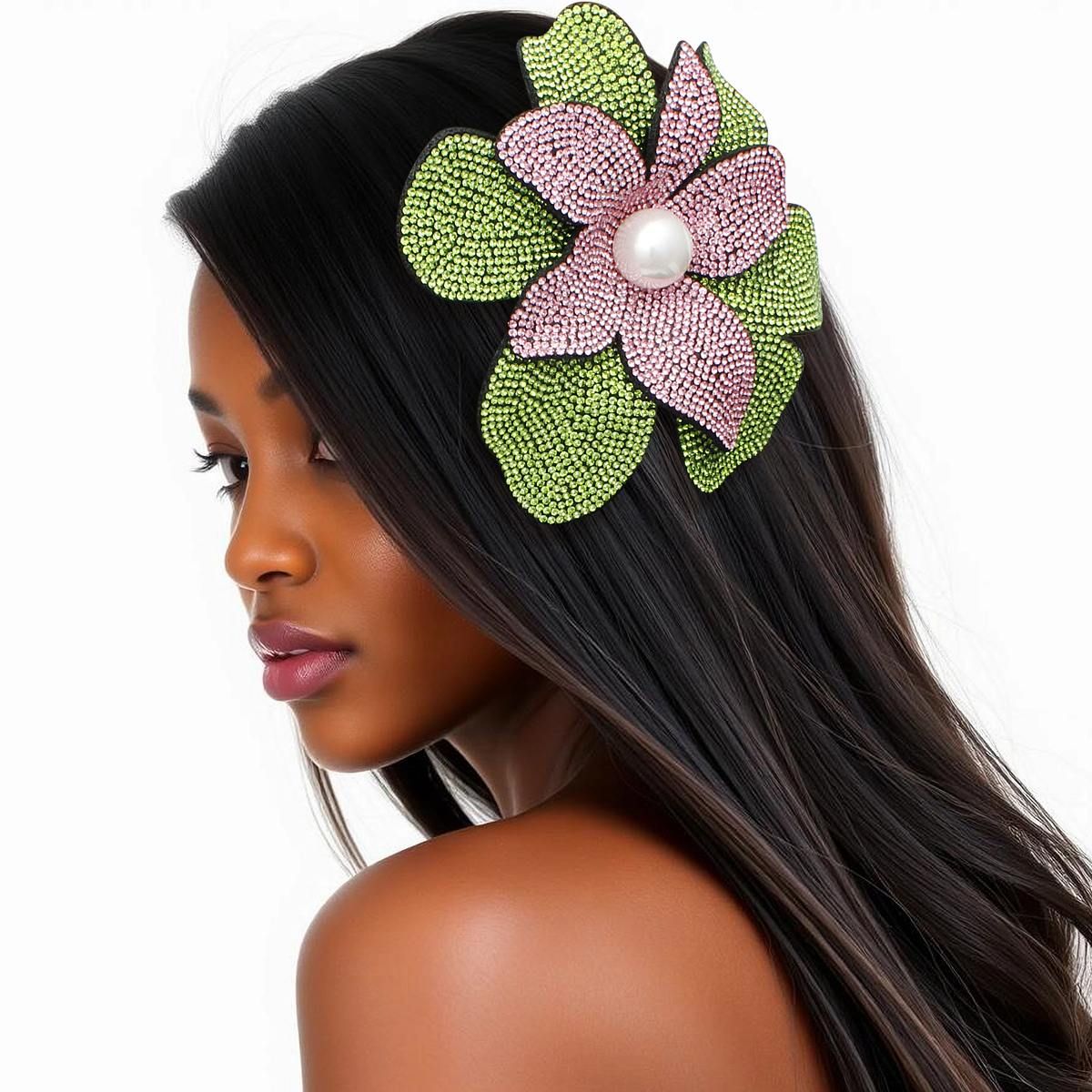 Flower Brooch Clip Large Pink Green Layered Petal Handmade Statement