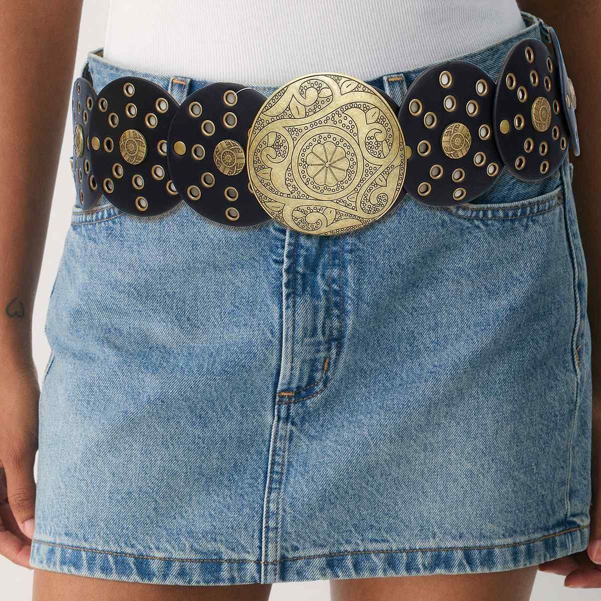 Western Belt Gold Buckle Black Vegan Leather