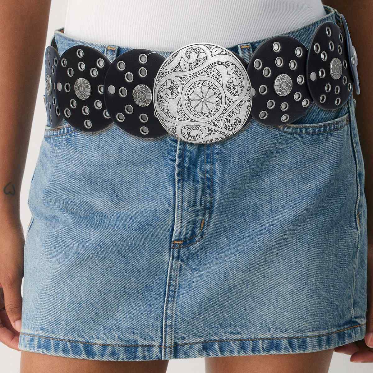 Western Belt Silver Buckle Black Vegan Leather