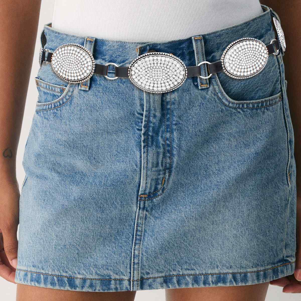 Western Belt Silver Chain Rhinestone Faux Leather