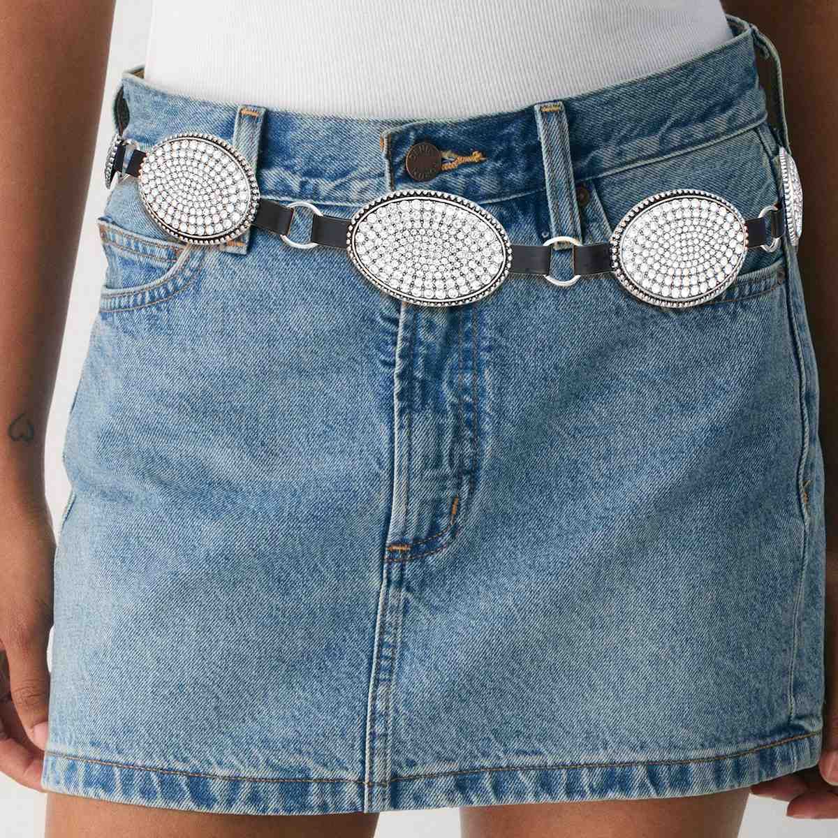 Western Belt Silver Chain Rhinestone Faux Leather