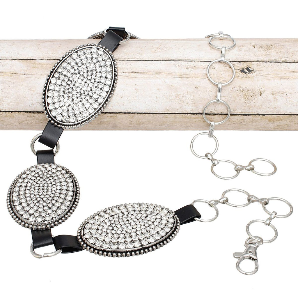 Western Belt Silver Chain Rhinestone Faux Leather