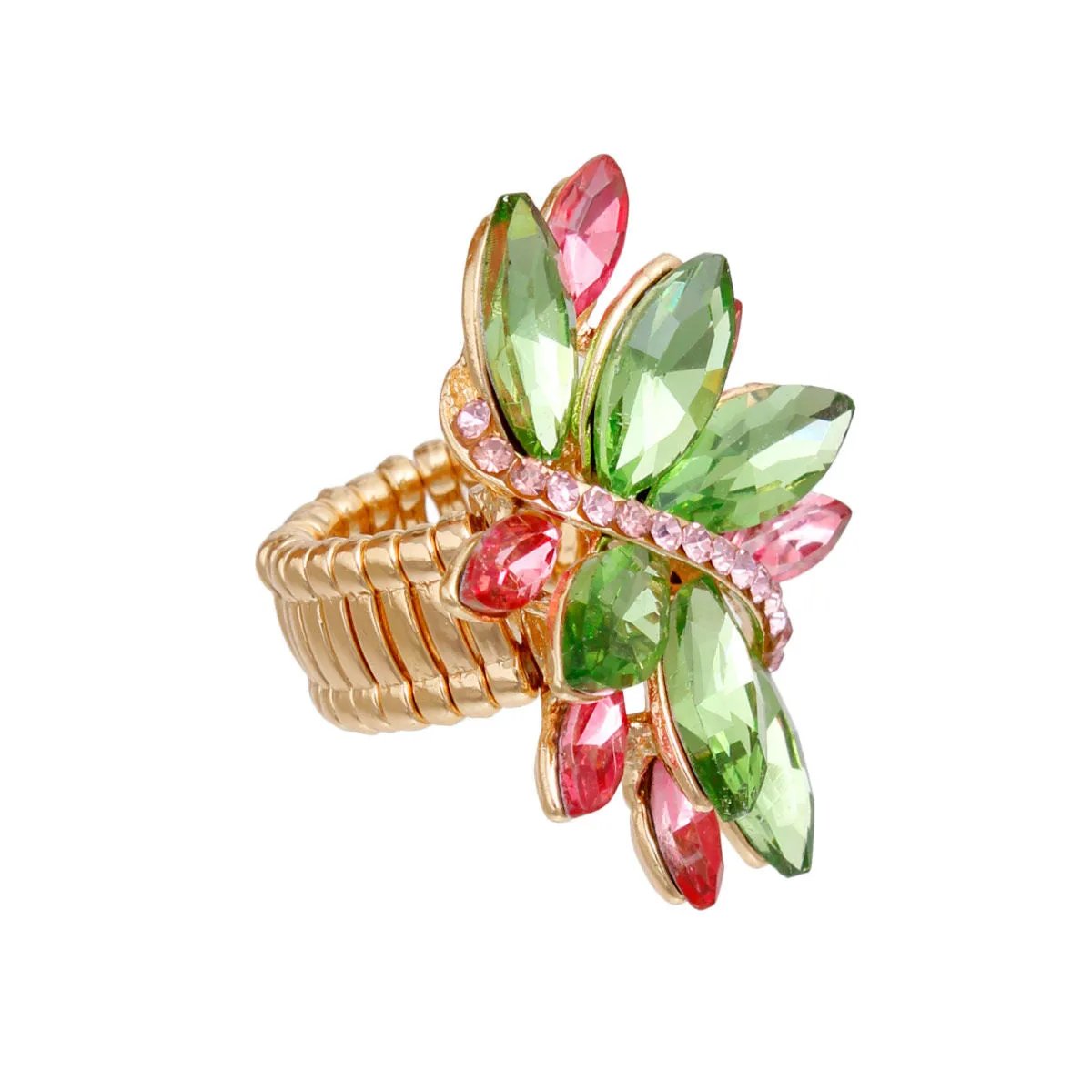 Gold Tone Stretch Ring – Pink Green Crystal Cluster | Statement Style