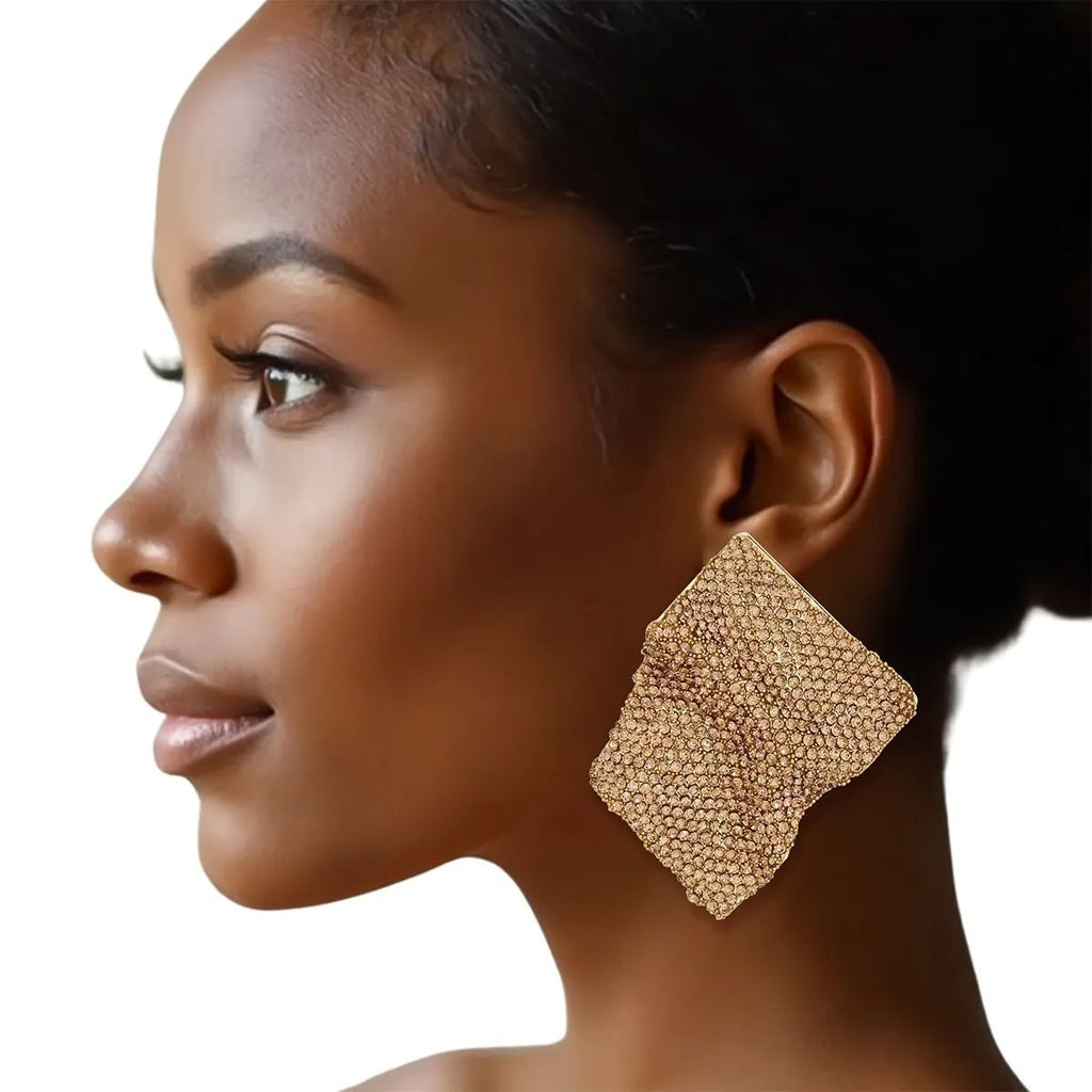 Bold Wavy Brown Rhinestone Statement Earrings