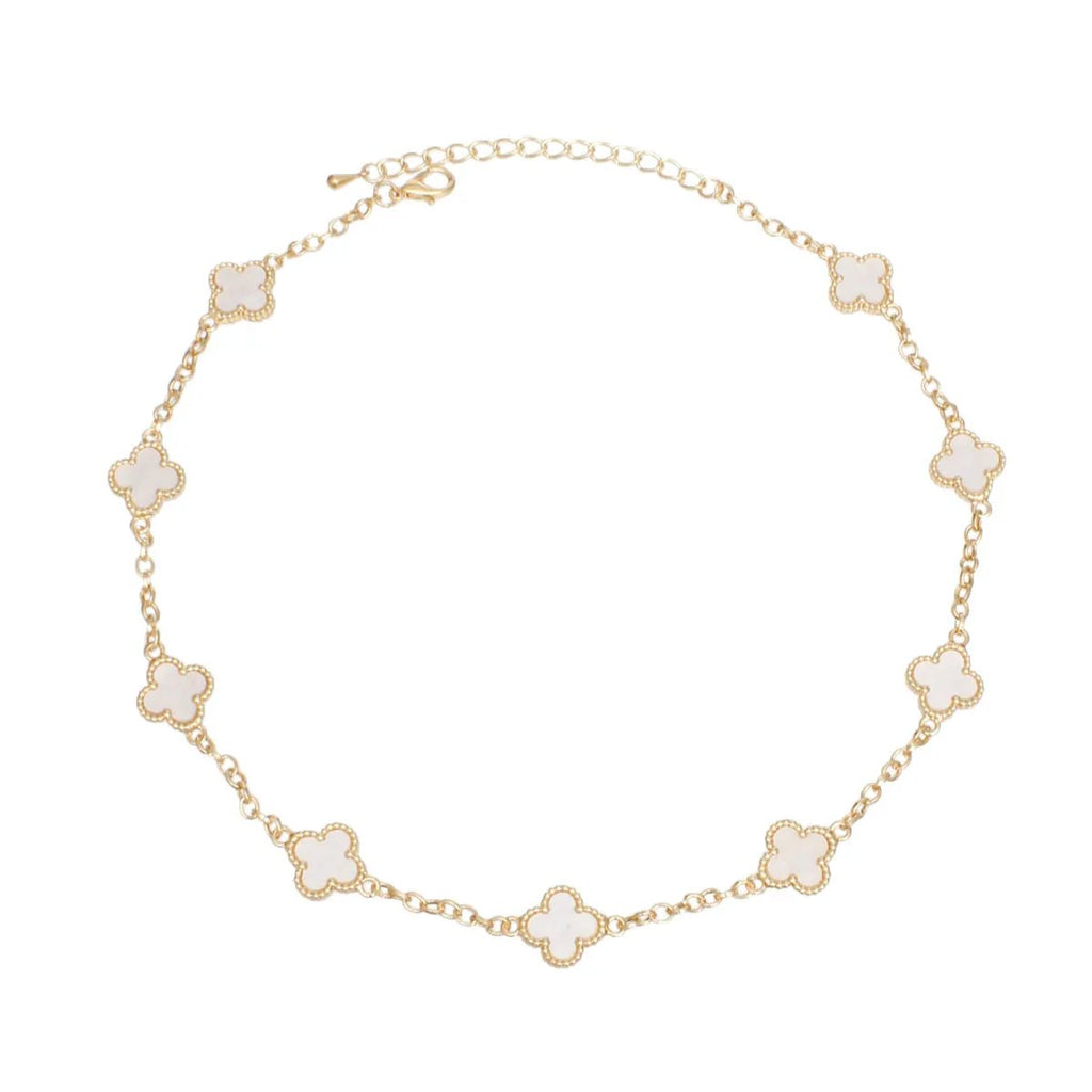 Gold Tone Quatrefoil Clover Chain Choker Necklace & Earring Set - Marbled Cream Resin Jewelry
