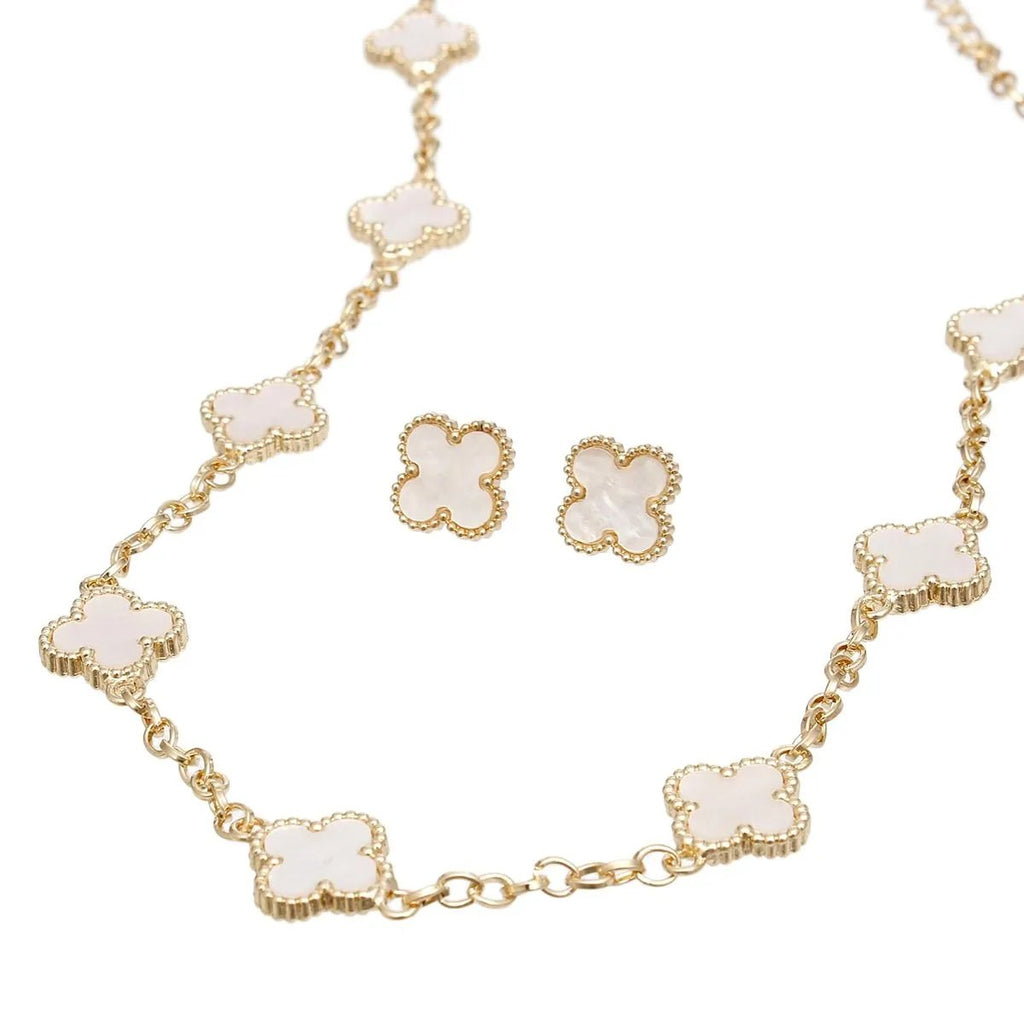 Gold Tone Quatrefoil Clover Chain Choker Necklace & Earring Set - Marbled Cream Resin Jewelry