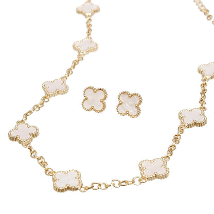 Gold Tone Quatrefoil Clover Chain Choker Necklace & Earring Set - Marbled Cream Resin Jewelry Pinktown