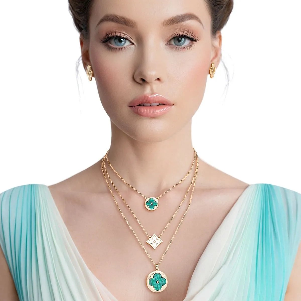 Women's Layered Pendant Necklace Set - Gold Chains with Quatrefoil Pendants