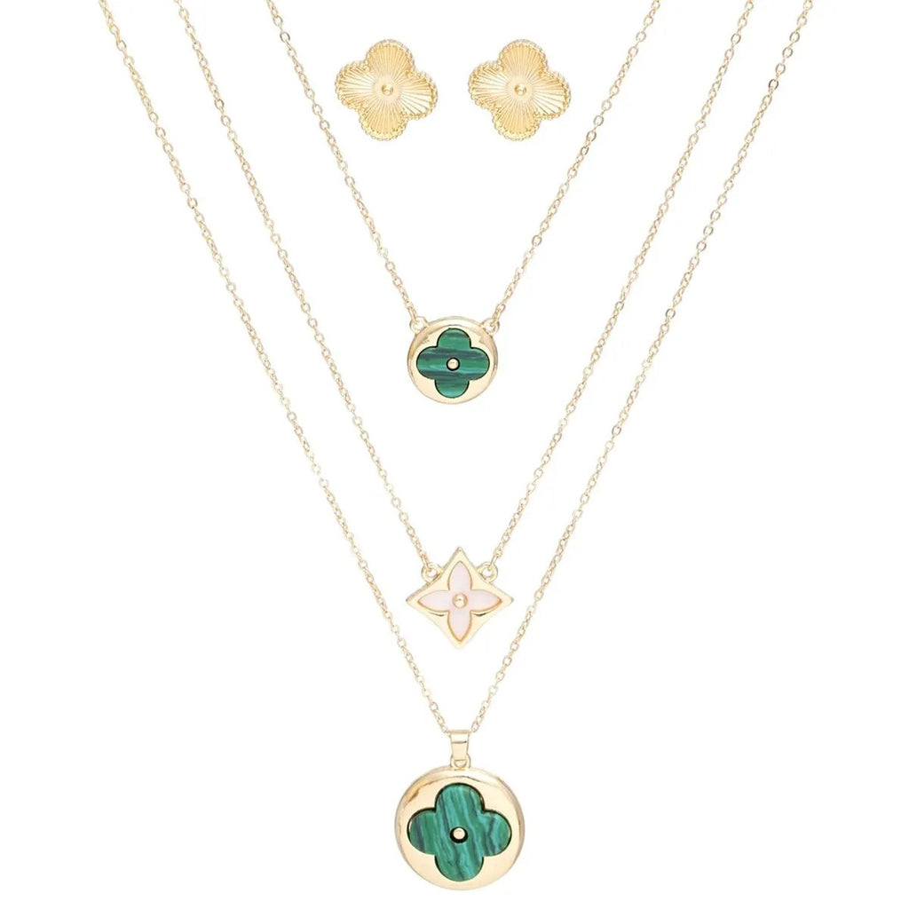 Women's Layered Pendant Necklace Set - Gold Chains with Quatrefoil Pendants