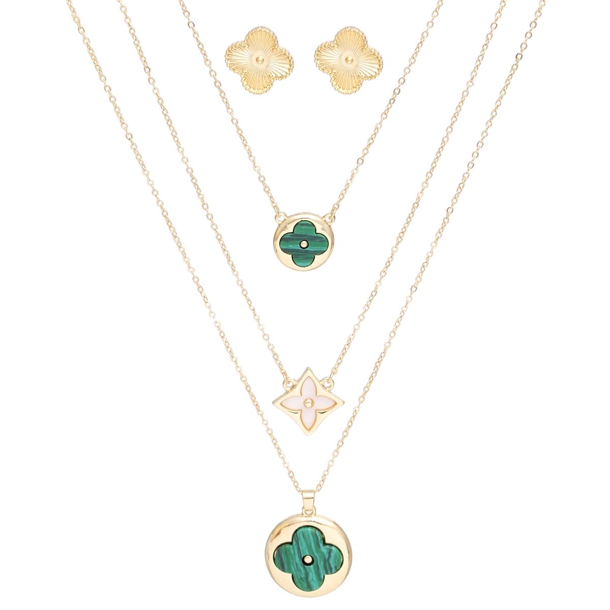 Women's Layered Pendant Necklace Set - Gold Chains with Quatrefoil Pendants Pinktown