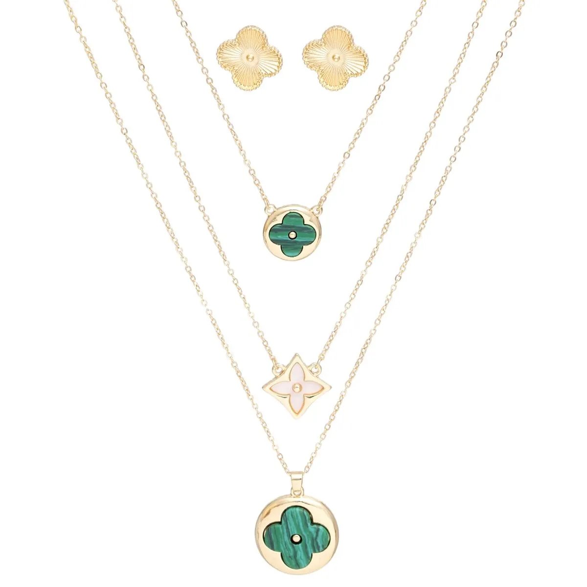 Women's Layered Pendant Necklace Set - Gold Chains with Quatrefoil Pendants