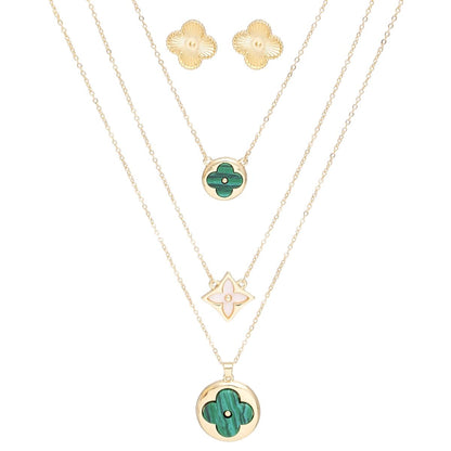 Women's Layered Pendant Necklace Set - Gold Chains with Quatrefoil Pendants Pinktown