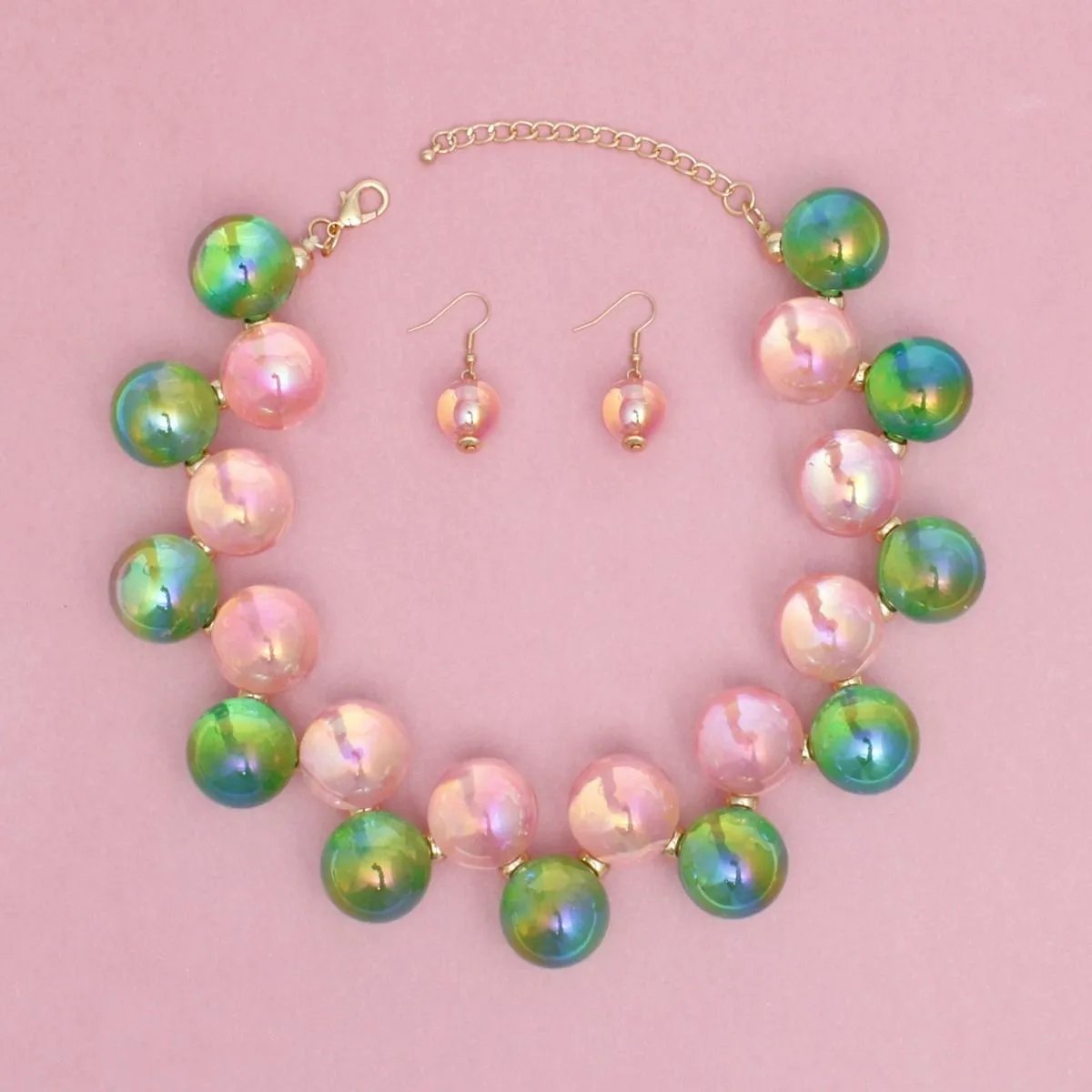 Pink Green Iridescent Necklace Set – Bubble Ball Bead Fashion Jewelry