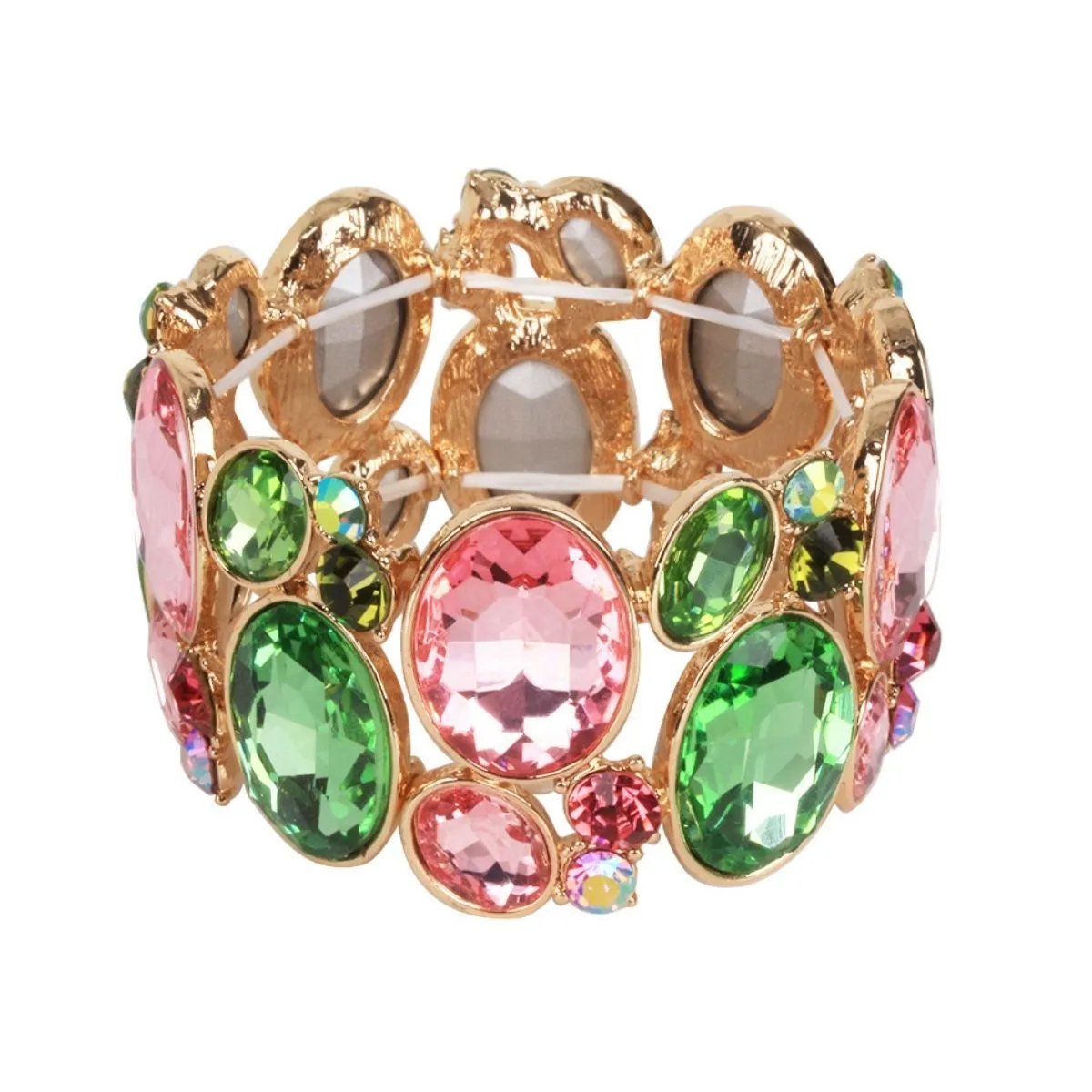 Gold Tone Crystal Bracelet – Pink Green Stretch | Statement Jewelry